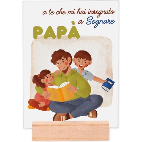 Lupia - Portafoto Targa 15x20 cm SOGNARE CON PAPA' con protezione in Vetro e supporto da tavolo in legno, senza Cornice, Idea Regalo con Scatola e poster grafica per la festa del papa' (1/4)