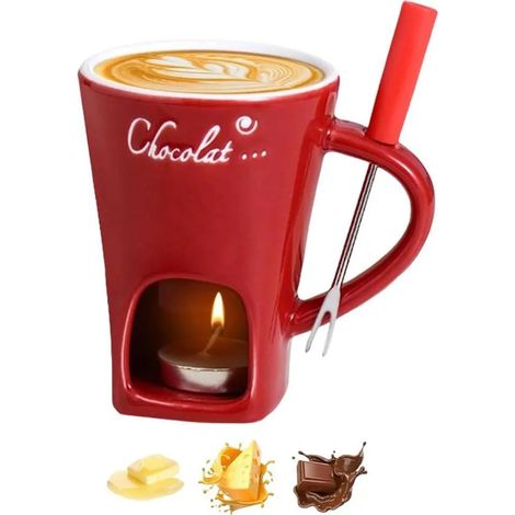 Service à fondue en céramique de 200 ml pour chocolat, fromage et beurre, avec fourchette à fondue. (1/5)