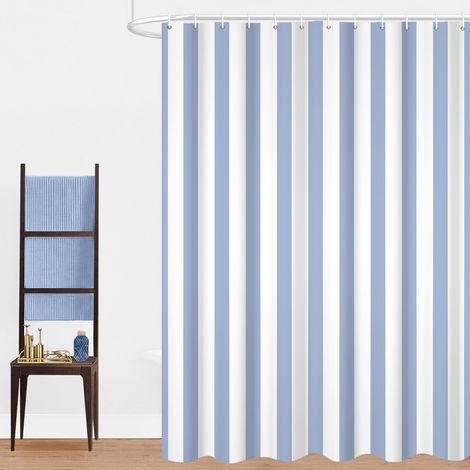Rideau de Douche, 180x220cm, Blanc et Bleu Clair Minimalisme Moderne Rayures Verticales Numéro de série Tissu Pmperméable Machine Lavable Rideau de Salle de Bain avec Crochets (1/5)