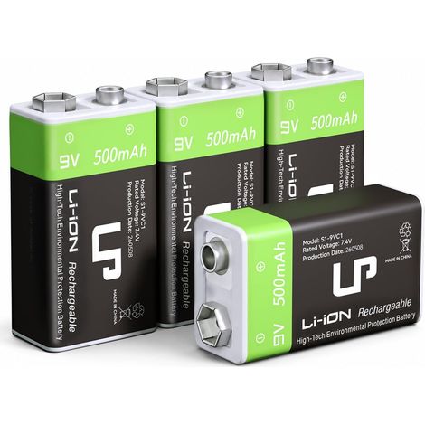Lot de 4 Batteries Rechargeables LP 9 V (Li-ION, 500 mAh) pour alarmes, Microphones sans Fil, détecteurs de fumée, Jouets, Lampes de Poche, Guitares, claviers, etc. (1/5)
