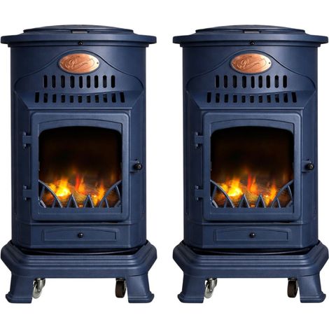 Pack de 2 Poêles à gaz Bleu Saphir Provence en fonte 3,4KW Effet feu de bois Chauffage d'appoint gaz sur roues Sahara (1/5)