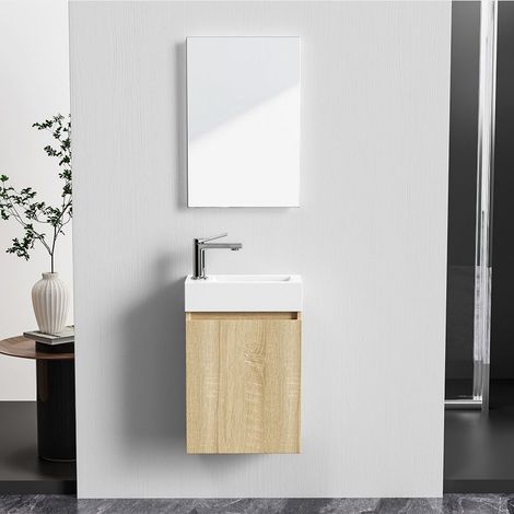 Belvit Badmöbel-Set 40 cm helle Eiche mit Waschbecken Unterschrank grifflos Soft Close umkehrbar Spiegel