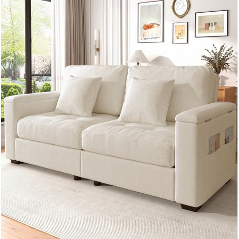Canapé droit 2 places 180x81,5x84 cm en tissu chenille beige, avec rangement, pour salon FloraGrace (1/5)