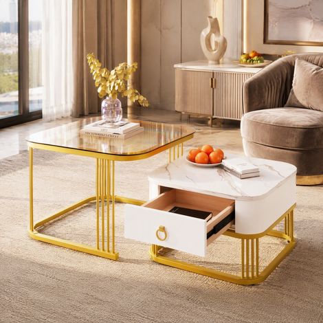 Table basse gigogne lot de 2, plateau effet marbre brillant et verre brun, blanc et doré HAVRYA (1/5)
