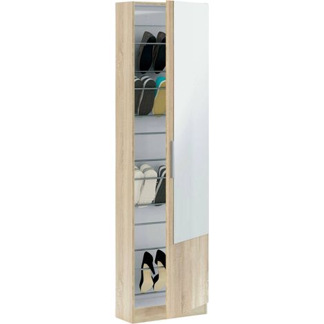 Scarpiera Eugene, Armadio portascarpe alta a 1 anta, Mobile portascarpe moderno, Armadio da ingresso con specchio, 50x22h180 cm, Rovere