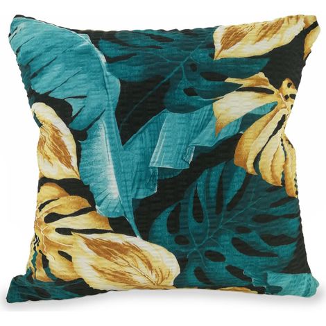 Funda de almohada con diseño de corteza de árbol, 50x60 cm, negra con hojas exóticas verdes y doradas.