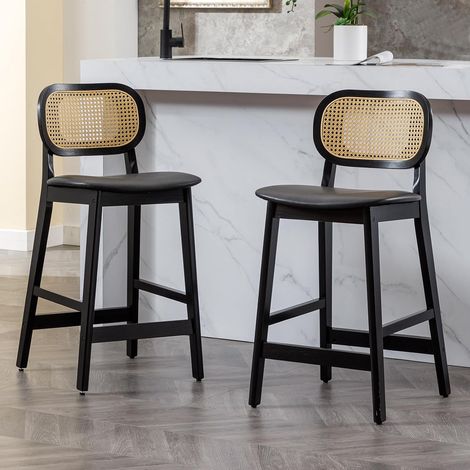 Wahson Bar Stools 2Pcs Upholstered in PU Leather Retro Rustic Counter Chairs with Wood Legs for Home Bar Kitchen Restaurant, Black (1/5)