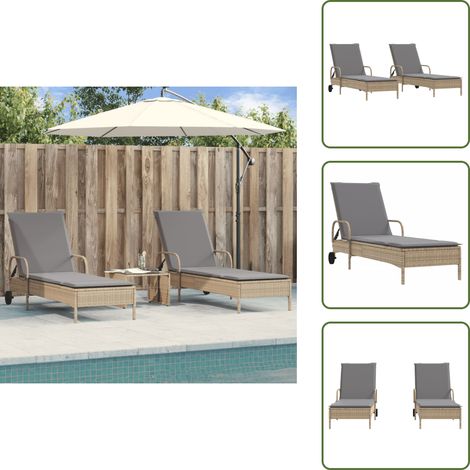 The Living Store Chaises longues avec coussins lot de 2 beige résine tressée - Chaise Longue - Transats - Lit De Bronzage - Fauteuil De Jardin - Mobilier De Jardin