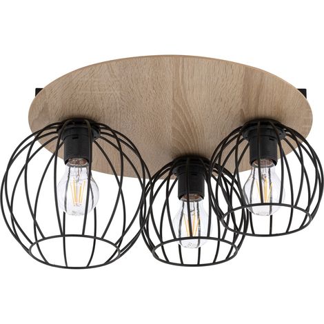 Plafonnier rond Cyber 3 cages métal bois E27 Sigma (1/3)