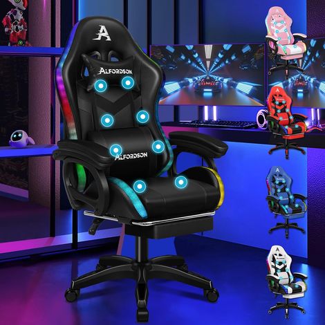 LED Chaise Gaming, Siege Gamer avec Massage 8 Points, Fauteuil de Gaming Pivotant Ergonomique avec Éclairage RVB avec Support Lombaire et Appui-Tête, Hauteur Réglable, Noir (1/5)