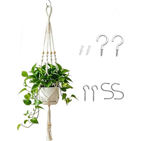 1 Suspension Plante Macramé, Corde Coton Naturel, Kit Fixation Complet, Crochets S Et Plafond, Pour Salon Balcon (1/5)