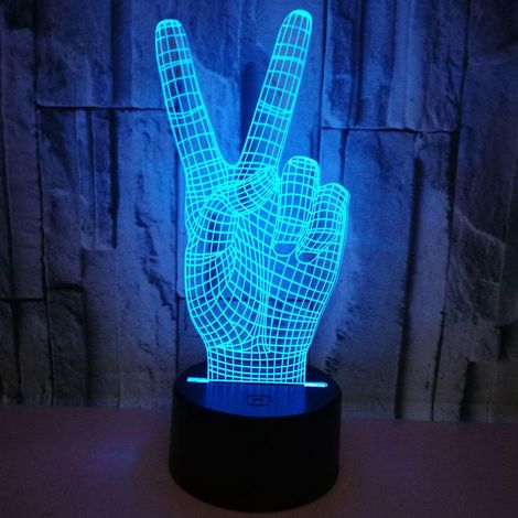 Lampe 3D geste victoire à 7 couleurs tactile avec base noire, veilleuse décorative LED à effet tridimensionnel et alimentation USB, éclairage d’ambiance pour chambre, bureau et salon (1/5)