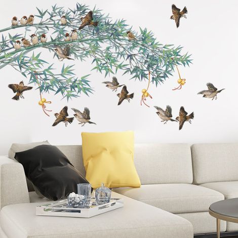 Autocollants muraux de style chinois avec bambou et oiseaux, autocollants pour décoration de fond de salon, canapé, TV