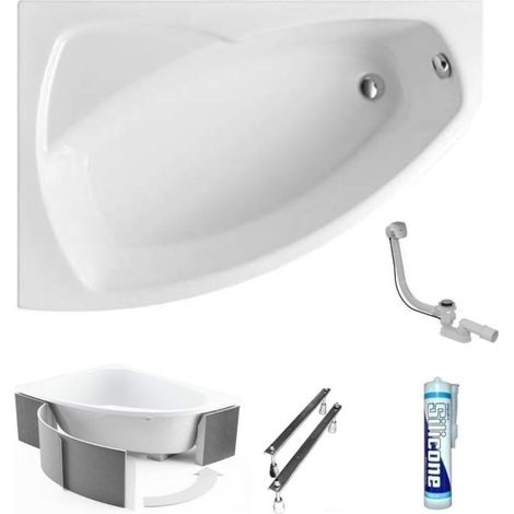 ECOLAM Baignoire d'angle acrylique Frida Polimat 150x100 cm gauche support universel en polystyrène pieds siphon + silicone (1/5)