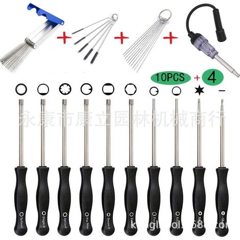 Lot de 10 tournevis pour réglage de carburateurs Walbro de petits moteurs à 2 temps de trononneuses/rotofils/etc. Husqvarna, Troy-Bilt, etc. avec trousse, brosse et kit d'outils de nettoyage (1/5)