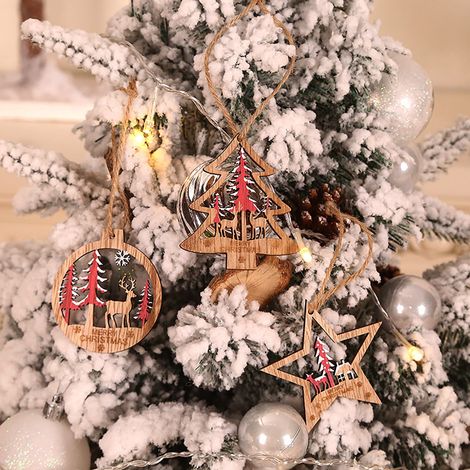 Pendentif Arbre De Noël - Bois Naturel - Découpe 3D - Ronde - Décoration Murale Et Suspendue - Lot De 6 Pièces (1/4)