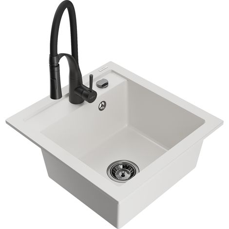 Mexen Vito 1-Becken-Granit-Spüle mit Mischbatterie Aster, Weiß - 6503-20-73450-70-B