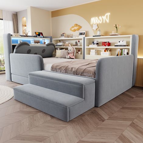 Lit enfant capitonné 90x200cm, lit simple avec rangement et tiroir, tête de lit ours avec LED, USB et marchepied, style mignon, chambre d'enfant, velours gris (1/5)