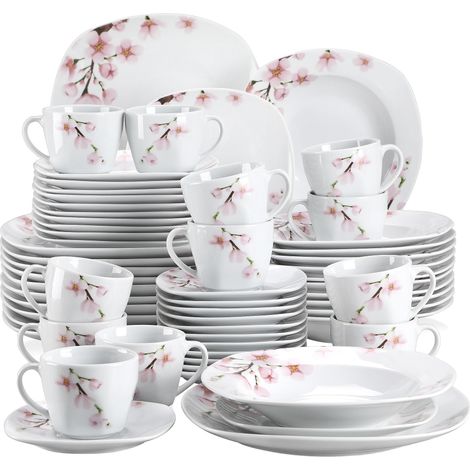 Ensemble de vaisselle en céramique, 30 pièces en porcelaine avec design floral rose, assiettes élégantes, bols et tasses pour 6 personnes, compatible avec le micro-ondes et le lave-vaisselle, 60-PIÈCE (1/2)