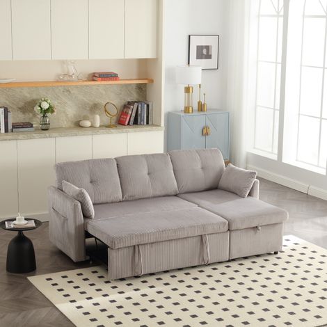 Sofá cama 206/108/66 cm gris claro de pana con almacenaje y chaise longue reversible (1/5)