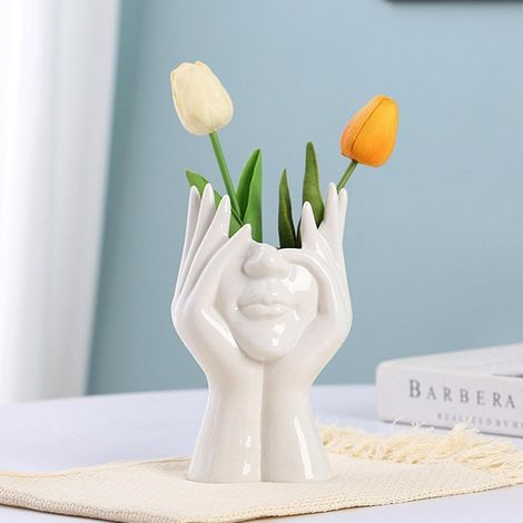 Weiße Keramikvase, moderne Tischskulptur mit Händen im Gesicht, Tischdekoration, moderner nordischer Stil – 21 cm (1/5)
