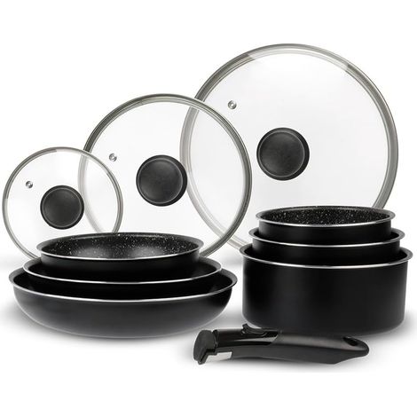 Batterie de Cuisine Aluminium 10 Pièces : 3 Poêles Ø20,24,28 cm + 3 Casseroles Ø16,18,20 cm + 3 Couvercles Verre Ø16,20,24 cm + manche amovible, Tous feux dont induction