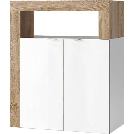 ARTURO - Rangement 2 portes blanc laqué et aspect bois finition Cadiz