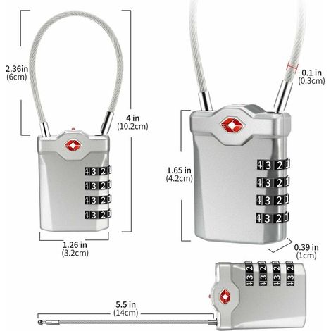Code 4 Chiffres Cadenas Bagage pour Valise Voyage Cadenas Casier Collège avec Fonction d'alerte Bagages Ouverts et Cable en Acier (Argent)-1 article (1/4)