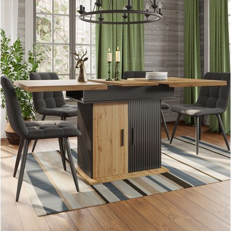 Tavolo da pranzo allungabile 110-140x80x75 cm nero e naturale in MDF con vano contenitore e ripiani regolabili (1/5)