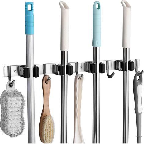 Soporte de pared de acero inoxidable para escobas, estante de pared para escobas con 4 ranuras y 5 ganchos para cocina, baño, garaje y jardín, color negro. (1/5)