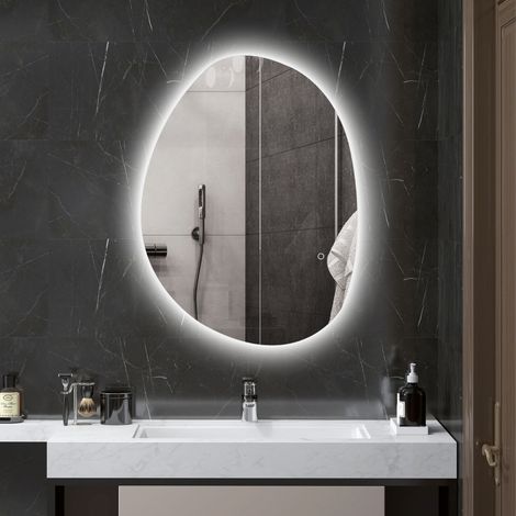 Miroir de salle de bain lumineux, forme asymétrique, 80 x 60 cm, éclairage LED, 3 couleurs d'éclairage, fonction antibuée, argent