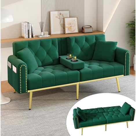 Divano letto 2 posti con schienale regolabile 3 posizioni, portabicchieri, velluto verde HAVRYA (1/5)