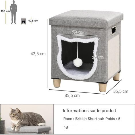 Grotte maison chat avec balle jeu et coussin lavable 35,5x35,5x42,5cm (1/5)