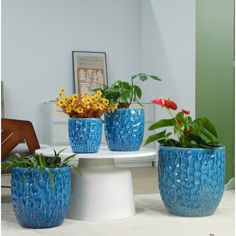 Vaso da fiori in ceramica blu Ø38 cm con drenaggio per grandi piante da interno – MEUBLIV (1/5)