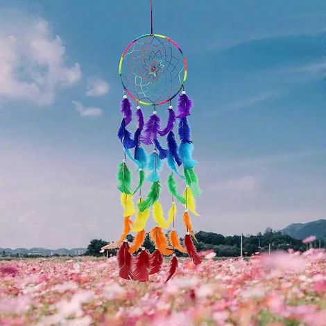 Attrape-rêves coloré, fait main, arc-en-ciel, traditionnel, à plumes (1/4)