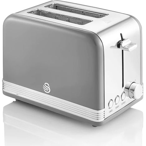 Swan Retro ST19010GRNEU Tostapane a Fessura Larga 2 Fette, Design Vintage, 3 Funzioni: Scongelamento, Riscaldamento, Annullamento, 6 Regolatore del livello di Tostatura, Acciaio Inox., Grigio, 815W