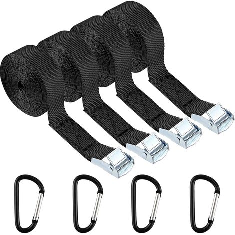 4 x Ratchet Straps with Tightening Buckle in Zinc Alloy, 2 cm x 1 m Adjustable Quick Release Lashing Strap with 4 Hooks, Tie Down Straps for Motorcycle Car Attachment (Black) (1/5)
