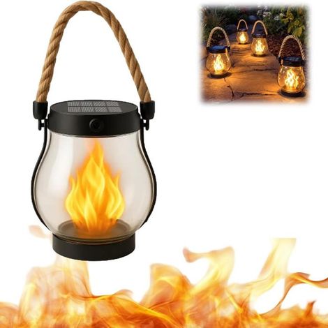 Lanterne solaire extérieur flamme dansante – 25x12 cm, corde chanvre – Suspendue – Déco jardin (1/5)