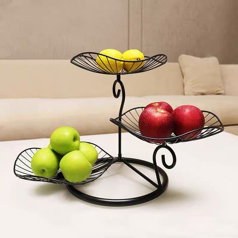 Corbeille à fruits nordique à 3 niveaux, panier de rangement moderne à plusieurs niveaux pour fruits et collations, idéal pour le salon ou la table basse, motif feuille de lotus noir (1/4)
