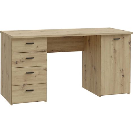 Bureau droit 145 cm décor chêne rustique 1 placard 4 tiroirs - MANOLO (1/5)