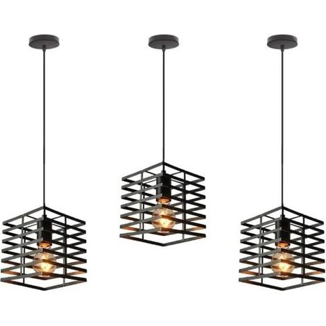 U-Do 3Pcs Suspension Luminaire design Vintage Lustre Cage en Fer Noir E27 Lampe Ajustable Industriel pour Cuisine Couloir (1/4)