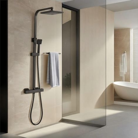 Colonne de Douche Thermostatique, Système de Douche Thermostatique 38°C,Acier Inoxydable, Douchette Flexible, Réglable en Hauteur, Noir