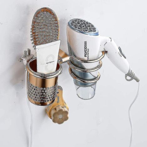 Wandmontierter Haartrocknerhalter, Haartrockner-Organizer, spiralförmiger Haarstyling-Ständer mit integriertem Becher, ideales Ablagefach, goldfarben. (1/5)