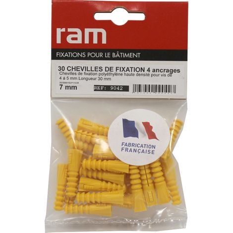 Sachet de 30 chevilles R7 jaune multimatériaux sans collerette - Ø7 mm - Longueur 30 mm - RAM (1/4)