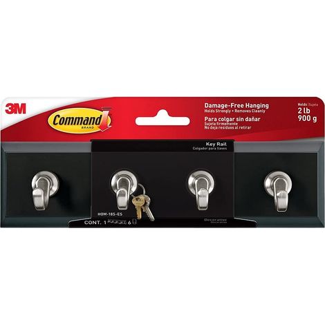 Command Barra portachiavi, può contenere fino a 0,9 kg, binario da 20,3 cm con 4 ganci per chiavi e 6 strisce a Command in ardesia, ganci rimovibili per ingresso o corridoio, chiavi per appendere