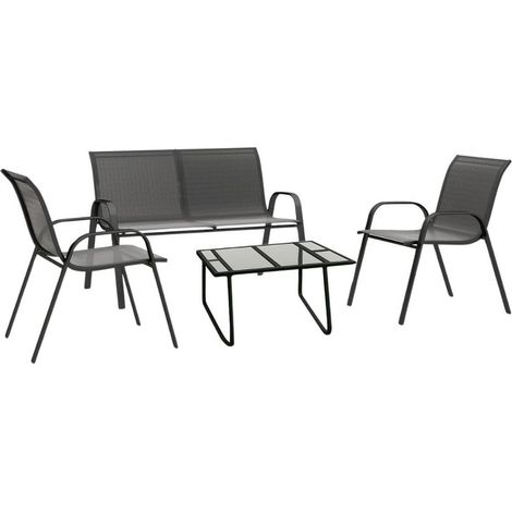 Set Salotto da esterno per 4 Posti in Textilene con Divano a 2 Posti, 2 Sedie e Tavolino con top in vetro - Salotto da giardino di colore Grigio Scuro (1/5)
