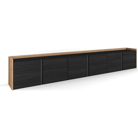 Skraut Home - Meuble TV, Banc Télé, Grand espace de Rangement, 309x35x50 cm, Pour les TV jusqu'à 80", Meubles de salon, Style moderne, Noir et chêne (1/5)