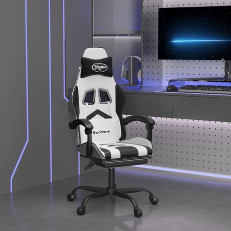 Fauteuil gamer pivotante et repose-pied Chaise de bureau - Fauteuil de jeu Blanc et noir Similicuir BonneVie-54488 (1/5)