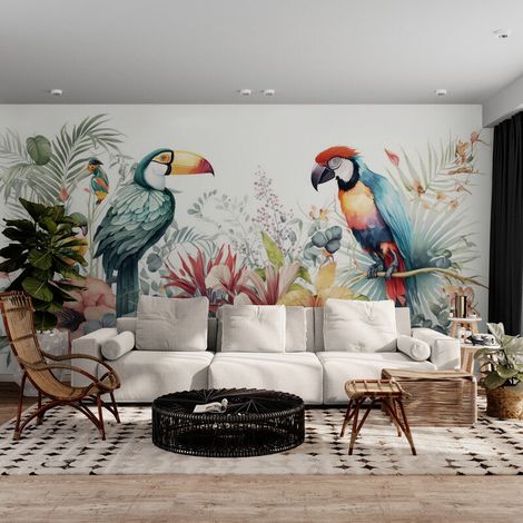 Papier Peint Animaux - Perroquets Peints avec Délicatesse - 150 x 250 cm (1/2)