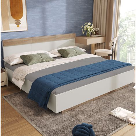 Cama 160x200 cm de madera, blanco y roble, con cabecero, altura cómoda, sin colchón – MEUBLIV (1/5)